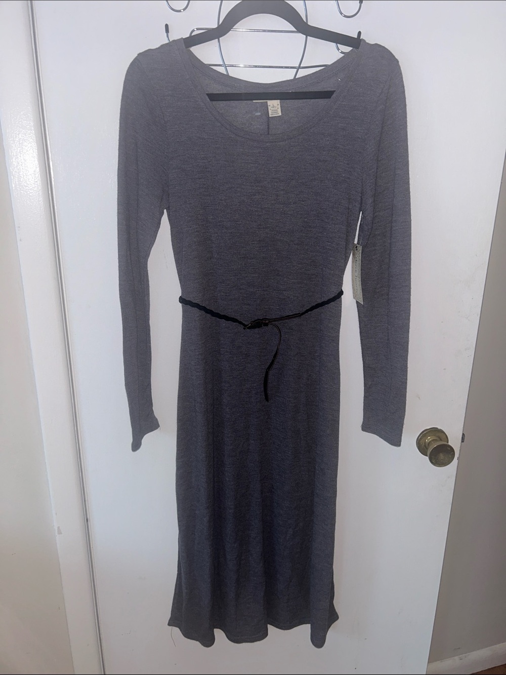 Long Sleeve Gray Knit Midi Dress with Roped Waist Tie Large NWT